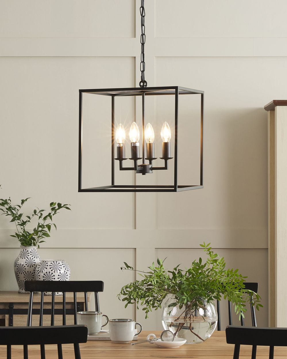 Lampada a Sospensione in Metallo Nero 115 cm Cubo Gabbia Cornice 4 Luci Plafoniera Moderna