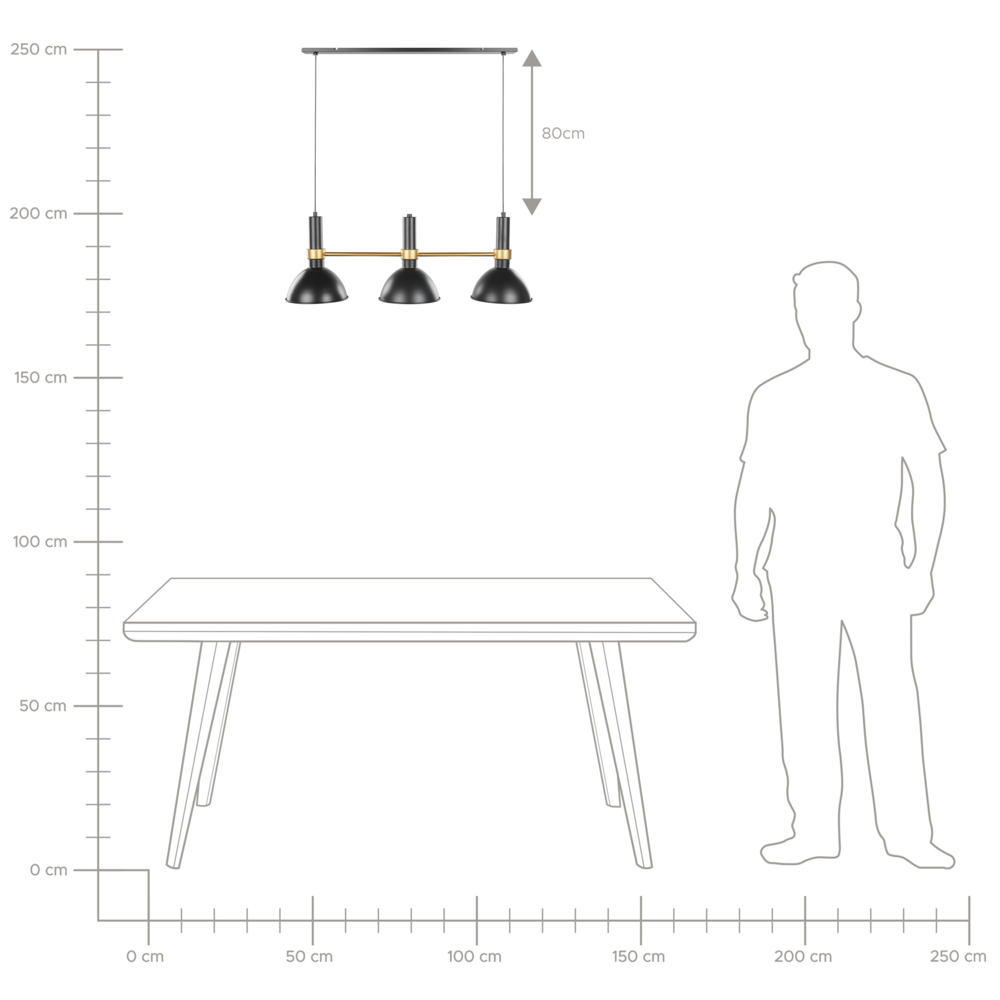 Lampada a sospensione in metallo Nero dorato da 107 cm a 3 luci con paralumi rotondi dal design tradizionale retrò Sala da pranzo Soggiorno