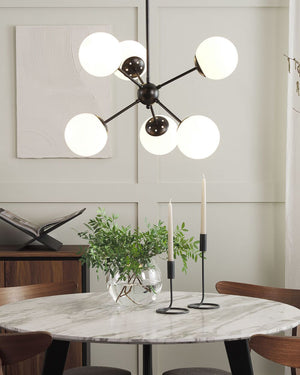 Lampada a Sospensione in Metallo Nero da 100 cm con 6 Lampadine e Paralumi in Vetro Bianco