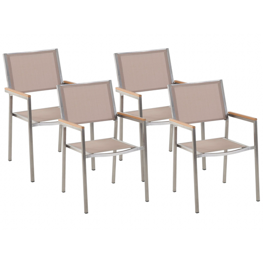 Set di 4 Sedie da Pranzo da Giardino Seduta in Tessuto Beige e Argento Gambe in Acciaio Inox Impilabili da Esterno