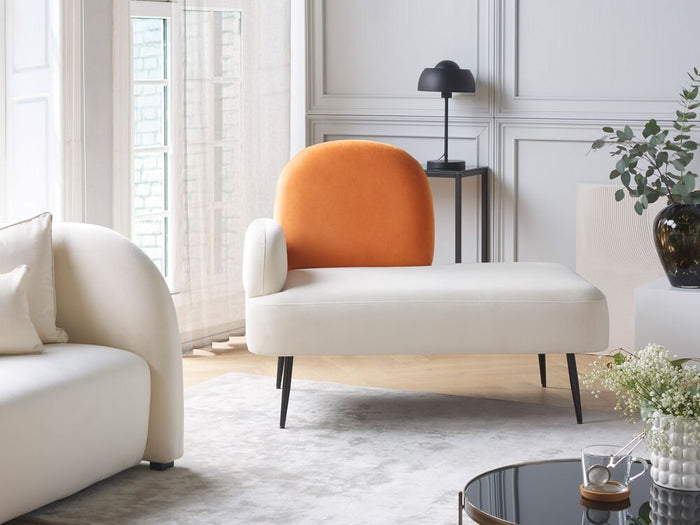 Chaise longue in tessuto di velluto bianco e arancione a versione sinistra Chaise singola dal design minimalista