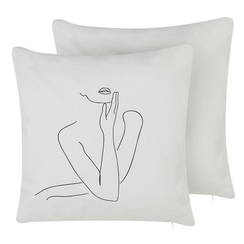 Set di 2 cuscini decorativi in cotone bianco 45 x 45 cm corpo femminile linea arte stampa cuscini sfoderabili chiusura con cerniera moderna