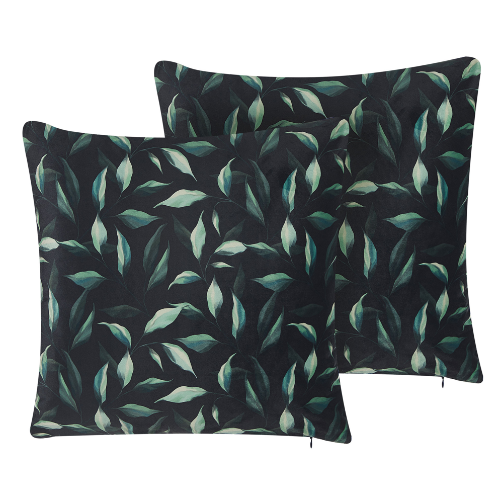 Set di 2 cuscini decorativi nero e Verde 45 x 45 cm motivo Foglia Cuscini decorativi federe rimovibili Chiusura con Cerniera Stile moderno