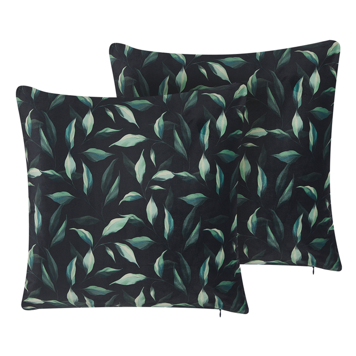 Set di 2 cuscini decorativi nero e Verde 45 x 45 cm motivo Foglia Cuscini decorativi federe rimovibili Chiusura con Cerniera Stile moderno
