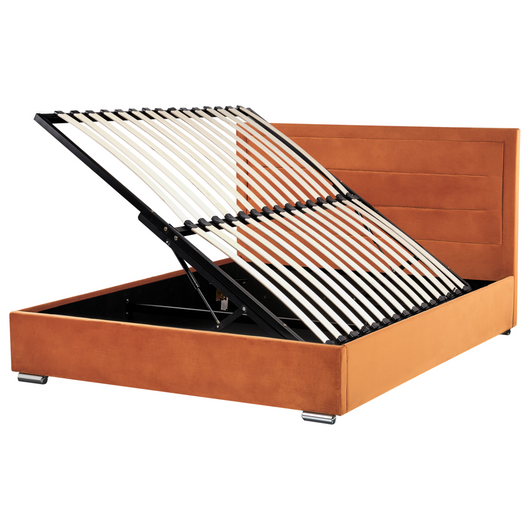 Letto contenitore tappezzeria in velluto arancione Super King Size 180 x 200 cm dal design moderno imbottito con testiera ottomana