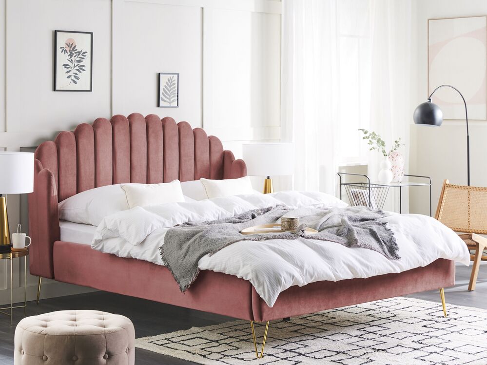 Letto con rete in velluto rosa 160 x 200 cm gambe in metallo testata retro capitonné