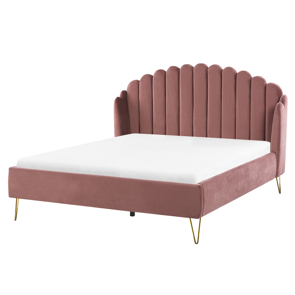Letto con rete in velluto rosa 160 x 200 cm gambe in metallo testata retro capitonné