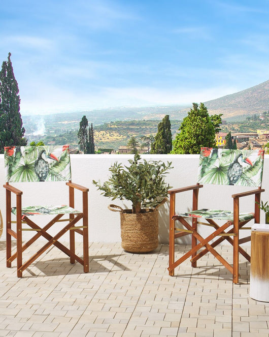 Set di 2 sedie da regista da giardino in legno scuro con tessuto di ricambio in tessuto di acacia grigio con 2 Tele intercambiabili