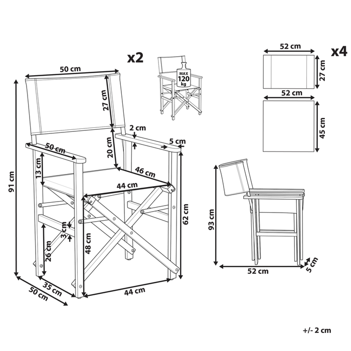 Set di 2 sedie da regista da giardino in legno scuro con tessuto di ricambio in tessuto di acacia grigio con 2 Tele intercambiabili