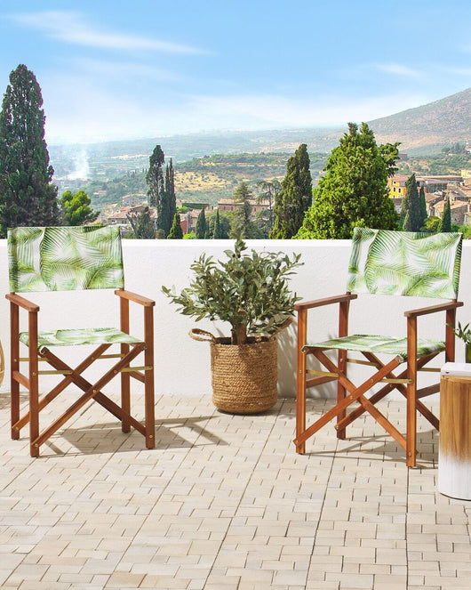 Set di 2 sedie da regista da giardino in legno scuro con motivo a foglie tropicali di acacia grigia pieghevoli con 2 Tele intercambiabili