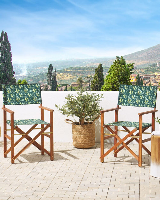 Set di 2 sedie da regista da giardino in legno scuro con tessuto di ricambio in tessuto di acacia olive grigie con 2 Tele intercambiabili