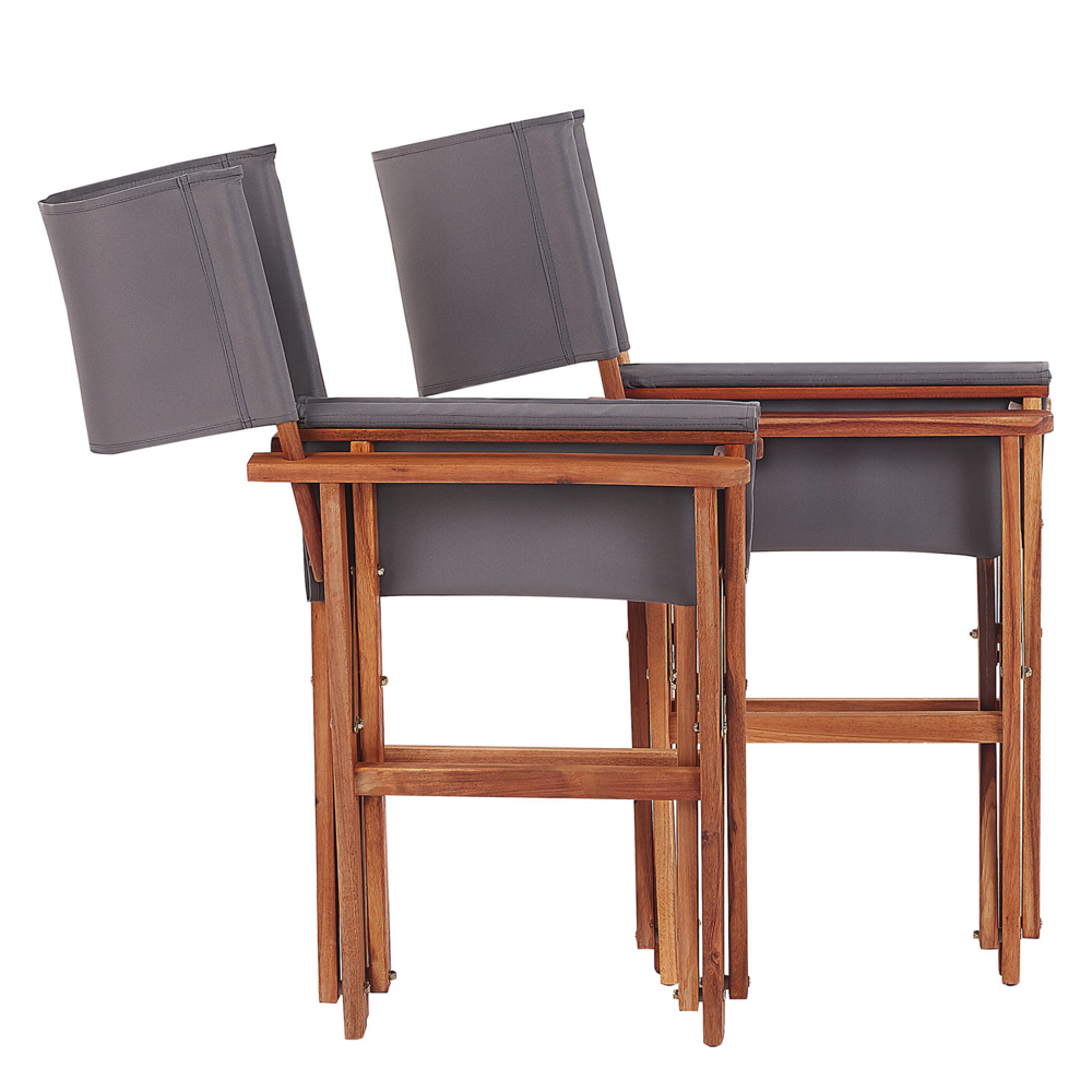 Set di 2 sedie da regista da giardino in legno scuro con tessuto di ricambio in tessuto di acacia grigio fenicottero con 2 Tele intercambiabili
