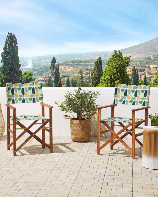 Set di 2 sedie da regista da giardino in legno scuro con tessuto di ricambio in tessuto di acacia grigio astratto modello pieghevole con 2 Tele intercambiabili