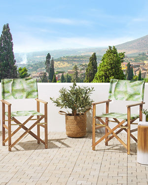 Set di 2 sedie da regista da giardino in legno chiaro con motivo a foglie tropicali di acacia grigia pieghevoli con 2 Tele intercambiabili
