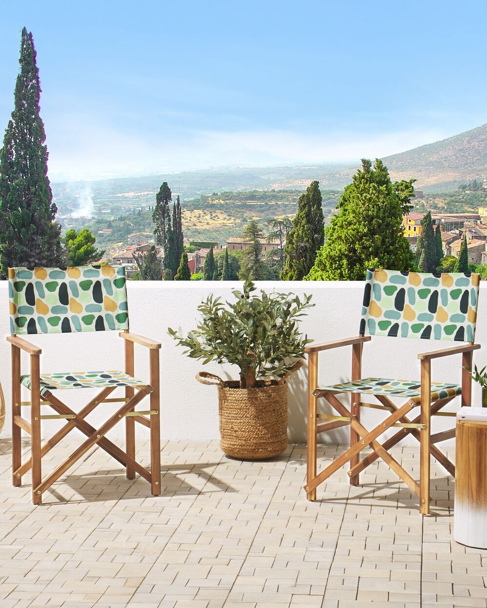 Set di 2 sedie da regista da giardino in legno chiaro con tessuto di ricambio in tessuto di acacia grigio astratto modello pieghevole con 2 Tele intercambiabili