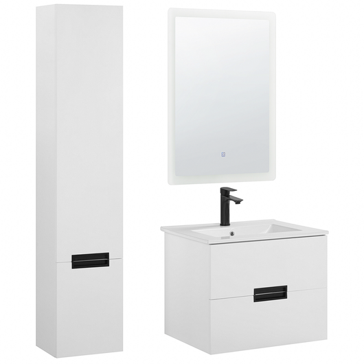 Set di 3 mobili da bagno in MDF bianco con lavabo in ceramica montaggio a parete mobiletto alto specchio rettangolare a LED