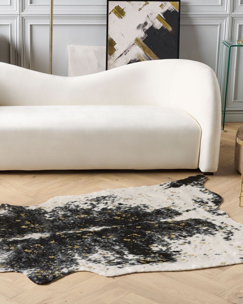 Tappeto Nero e Bianco Ecopelle Pelle Bovina 150 x 200 cm con Macchie Dorate Irregolare Moderno Rustico