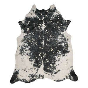 Tappeto Nero e Bianco Ecopelle Pelle Bovina 150 x 200 cm con Macchie Dorate Irregolare Moderno Rustico