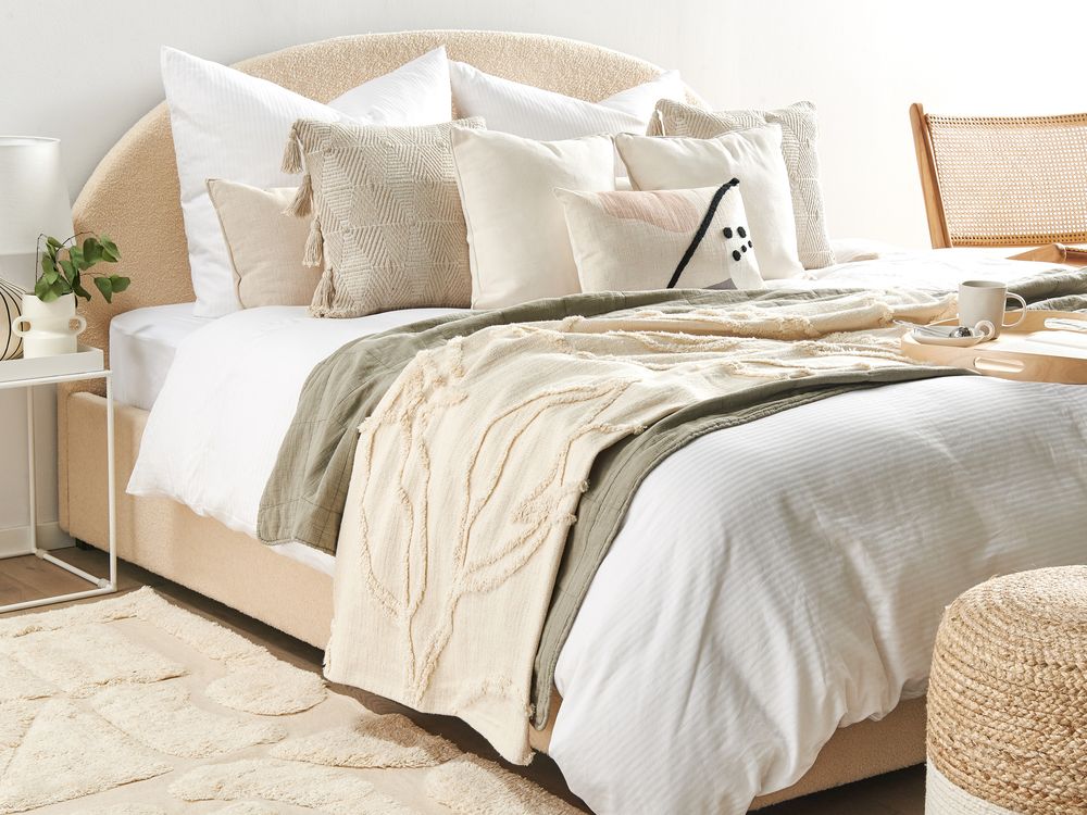 Coperta in cotone beige 130 x 160 cm motivo floreale in rilievo lavorato a maglia copriletto stile boho soggiorno camera da letto pezzo