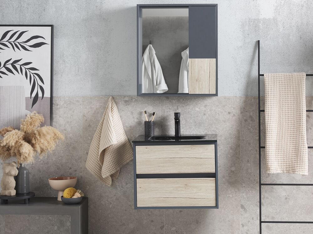 Set di mobili da bagno in 4 pezzi in MDF grigio 60 cm mobiletto in ceramica con specchio
