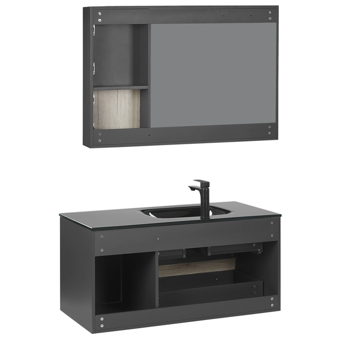 Set di mobili da bagno in 4 pezzi in MDF Nero 100 cm armadietto in ceramica lavabo pensile con specchio