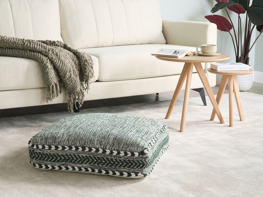 Cuscino da pavimento in cotone verde e bianco 60 x 60 x 12 cm Pouf quadrato con motivo geometrico boho moderno in tessuto