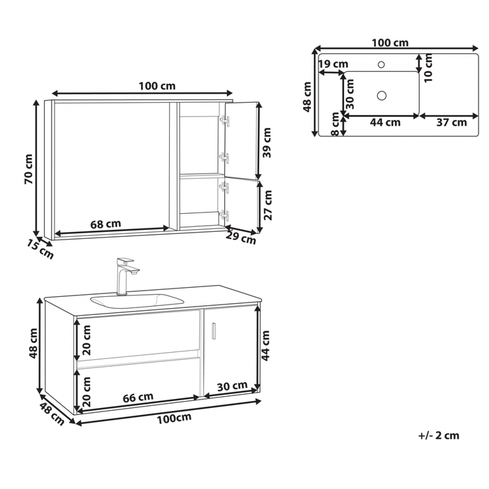 Set di mobili da bagno in 4 pezzi in MDF Nero 100 cm armadietto in ceramica lavabo pensile con specchio