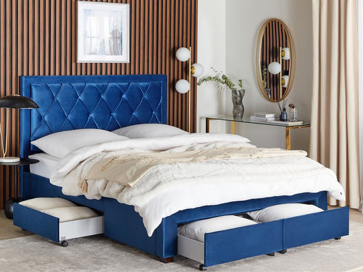 Letto contenitore tappezzeria in velluto blu 160 x 200 cm trapuntato testiera alta cassetti Glam Design