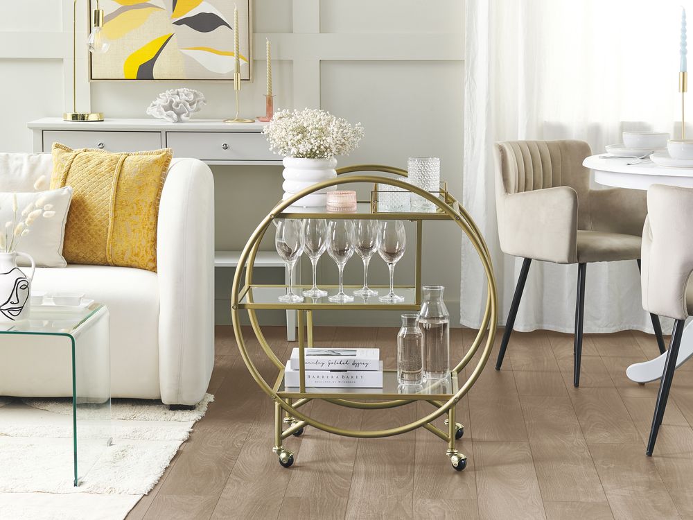 Carrello Cucina Metallo dorato Vetro 50 x 34 cm Ruote Glamour Portaoggetti Aperto Tre Ripiani Soggiorno