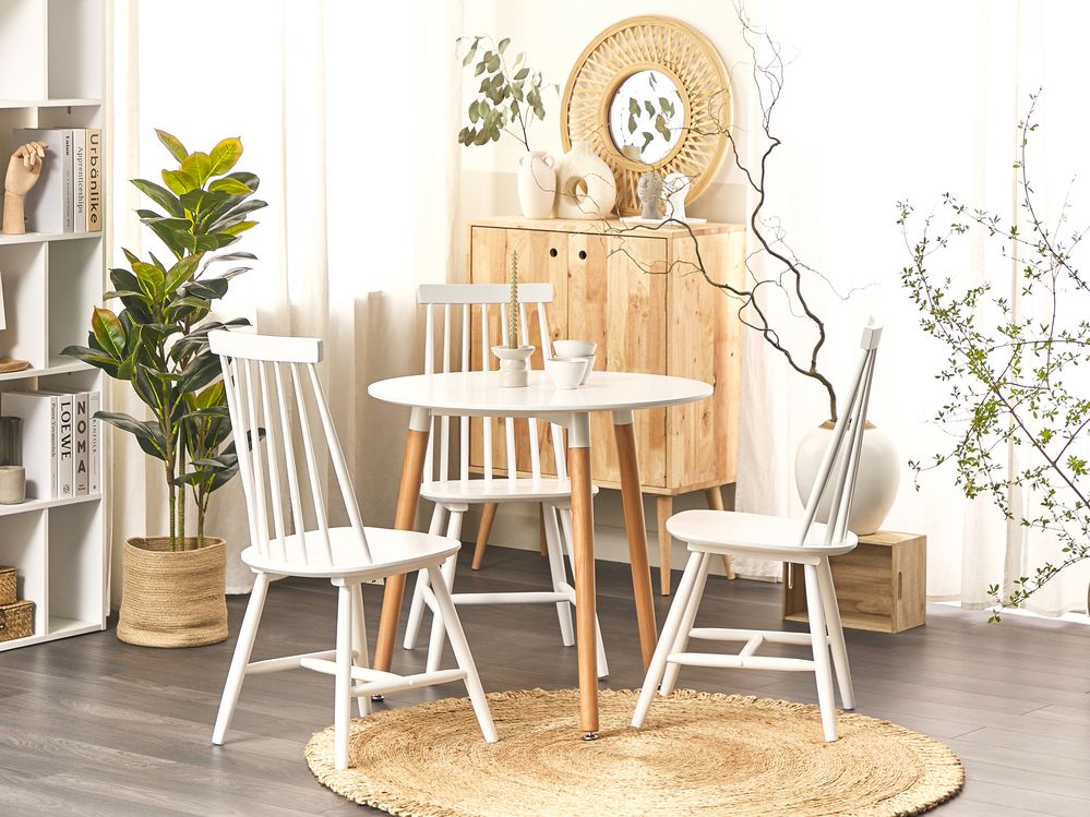Tavolo da pranzo rotondo bianco MDF piano tavolo 80 cm gambe in legno di faggio marrone chiaro con cappucci protettivi sala da pranzo