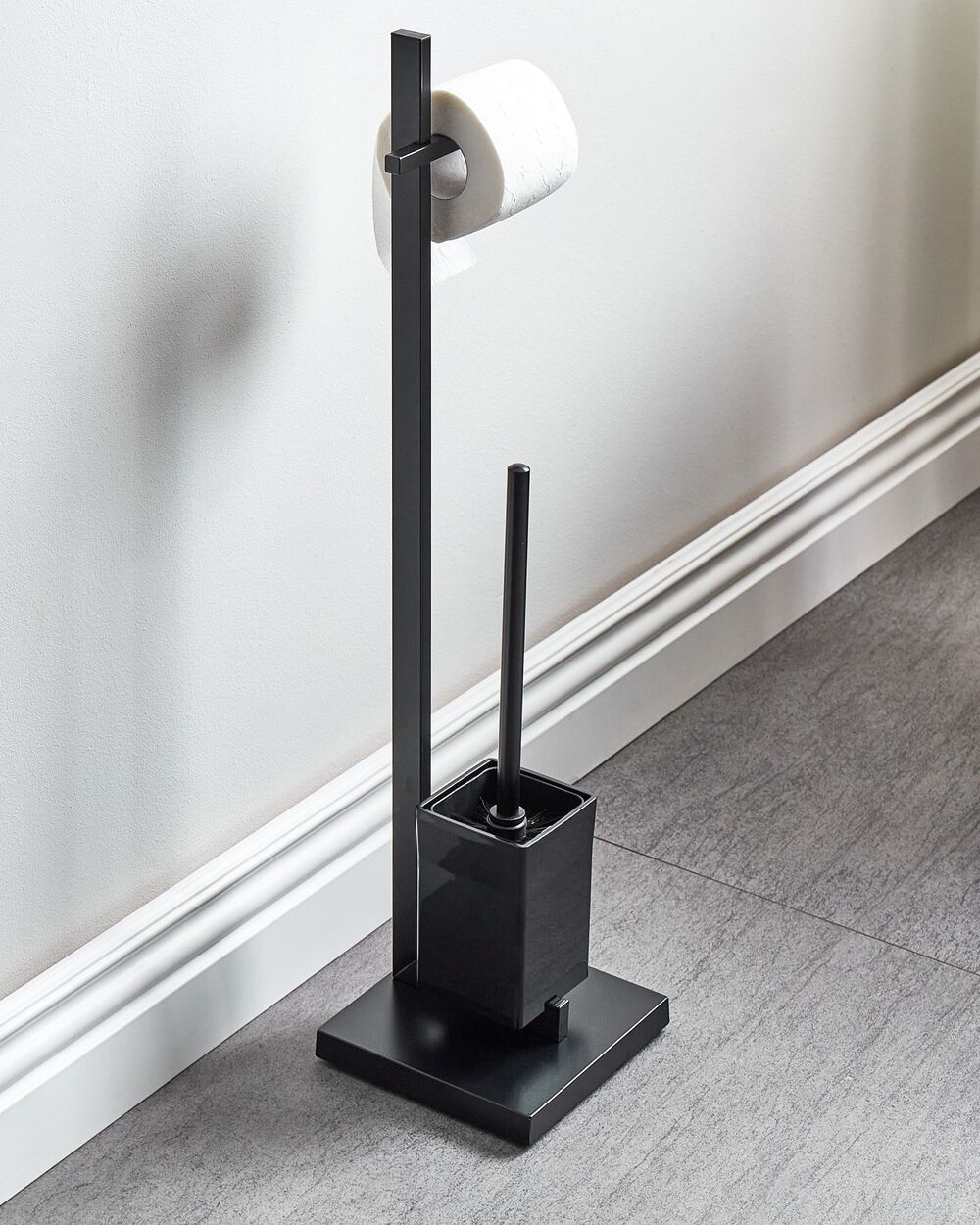 Porta Carta Igienica e Porta Scopino Acciaio Nero Autoportante Finitura cromato Lucido Accessori Bagno Moderni