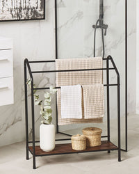 Portasciugamani in acciaio Nero verniciato a polvere con mensola in legno di pino scuro 3 binari portasciugamani in piedi accessori da bagno