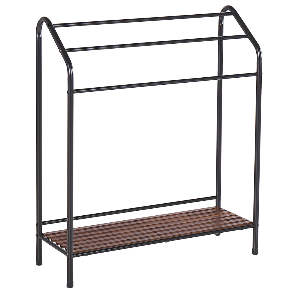 Portasciugamani in acciaio Nero verniciato a polvere con mensola in legno di pino scuro 3 binari portasciugamani in piedi accessori da bagno