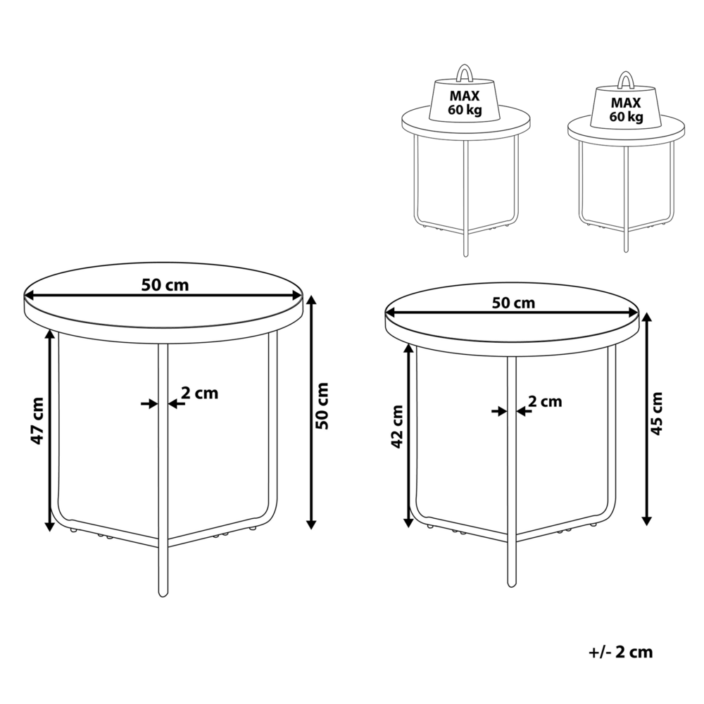Set di 2 Tavolini Effetto Cemento con Gambe in Metallo Nero Rotondi Mobili Soggiorno Piccoli e Medi