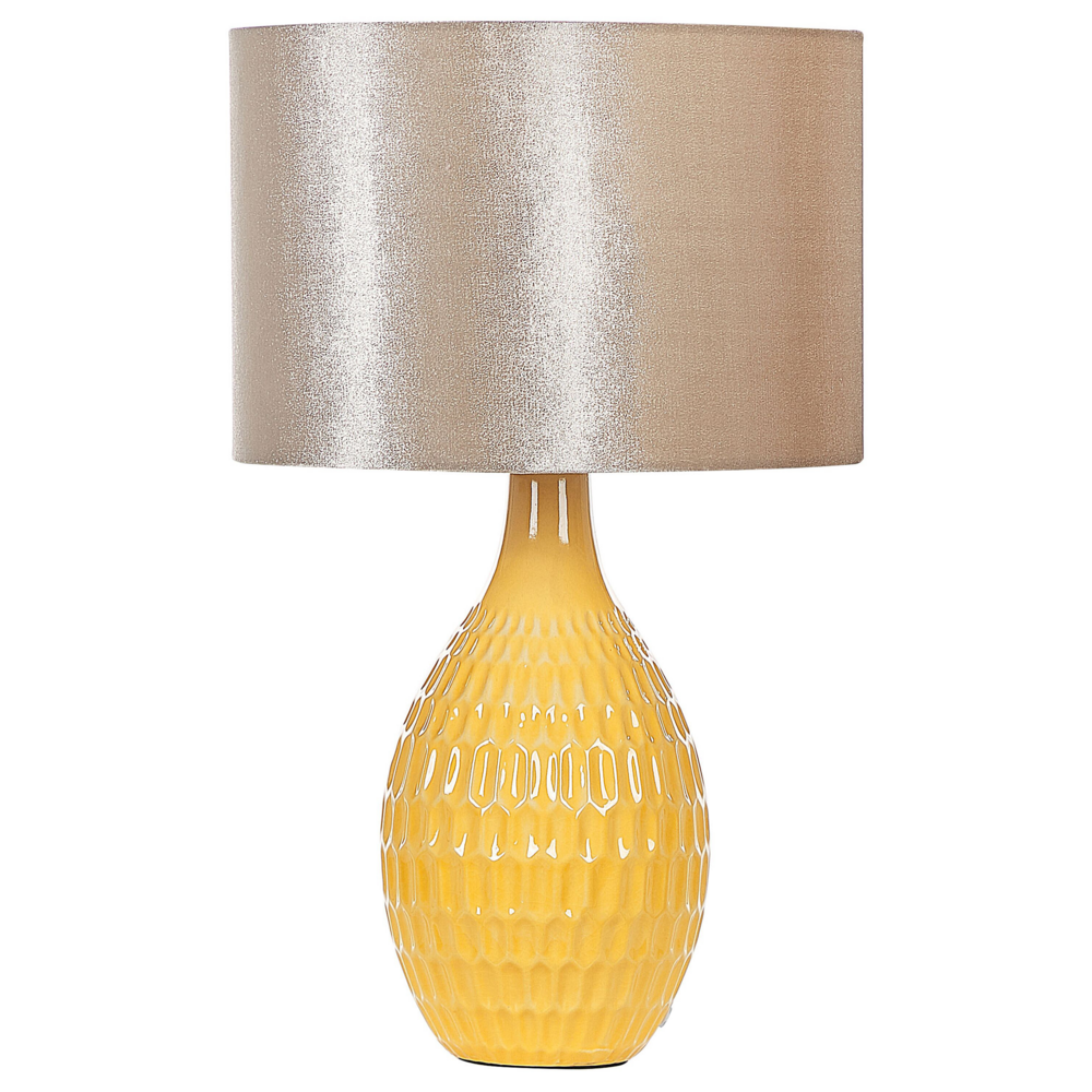 Lampada da Tavolo in Ceramica Gialla 52 cm Retro Luce Notturna Paralume Goffrato Lucido Soggiorno Camera da Letto