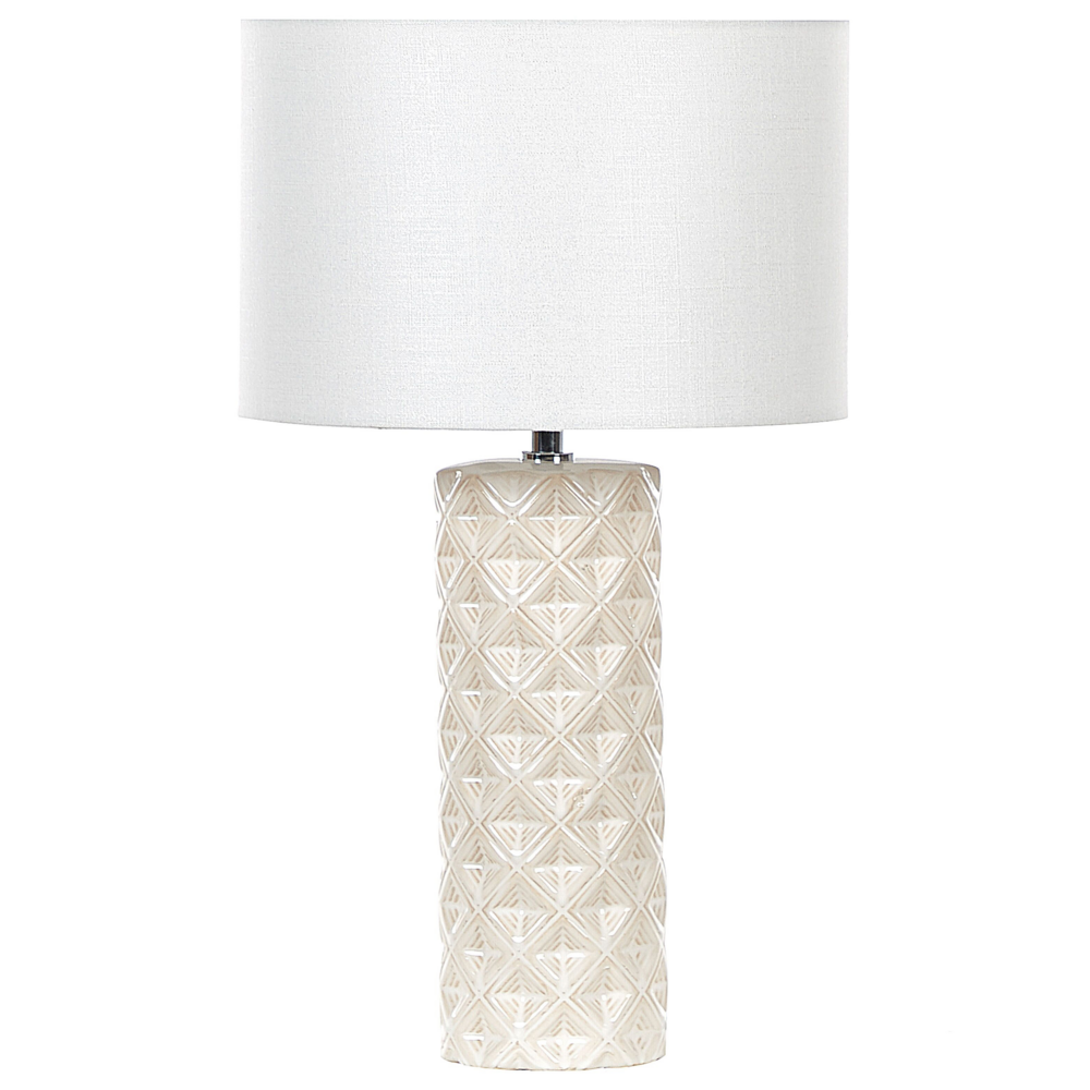Lampada da Tavolo Luce Beige Ceramica 49 cm Motivo Geometrico Bianco Tamburo Paralume Comodino Soggiorno Camera da Letto Illuminazione
