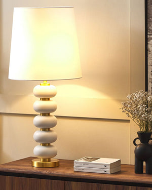 Lampada da Tavolo Base in Metallo Bianco e dorato con Paralume Impero in Tessuto Bianco