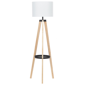 Lampada da Terra Treppiede Lino Bianco Paralume Rotondo Gambe Legno Chiaro 148 cm Moderna