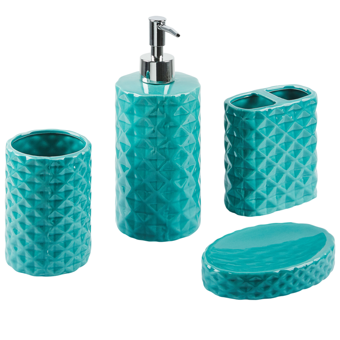Set di 4 Accessori Bagno in Ceramica blu dispenser sapone porta sapone Portaspazzolino recipiente