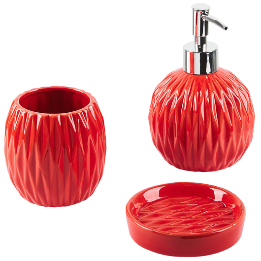 Set di 3 Accessori Bagno in Ceramica rossa dispenser sapone porta sapone portaspazzolini