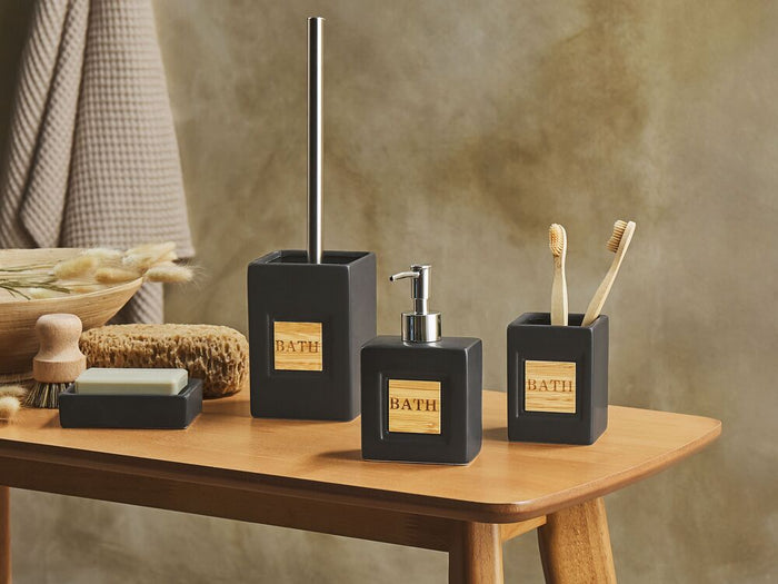 Set di 4 Accessori Bagno in Ceramica nero e legno chiaro dispenser sapone portasapone Bicchiere Portaspazzolino