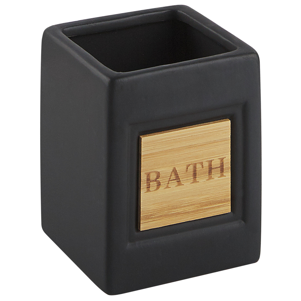 Set di 4 Accessori Bagno in Ceramica nero e legno chiaro dispenser sapone portasapone Bicchiere Portaspazzolino