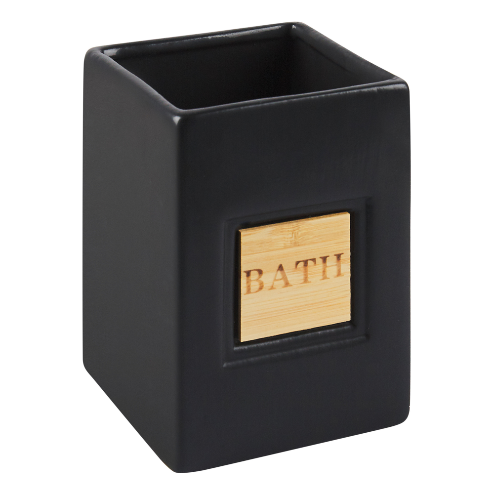 Set di 4 Accessori Bagno in Ceramica nero e legno chiaro dispenser sapone portasapone Bicchiere Portaspazzolino