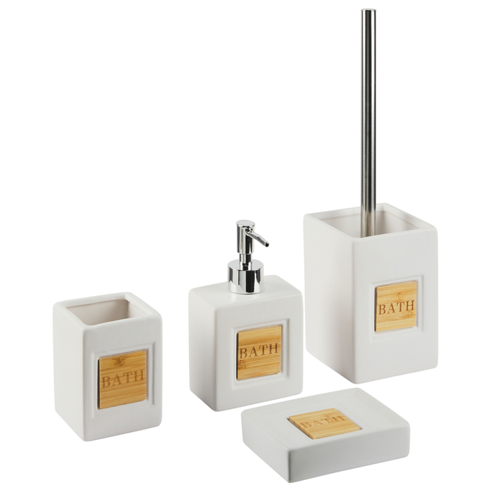 Set di 4 Accessori Bagno in Ceramica beige e legno chiaro dispenser sapone portasapone Bicchiere Portaspazzolino