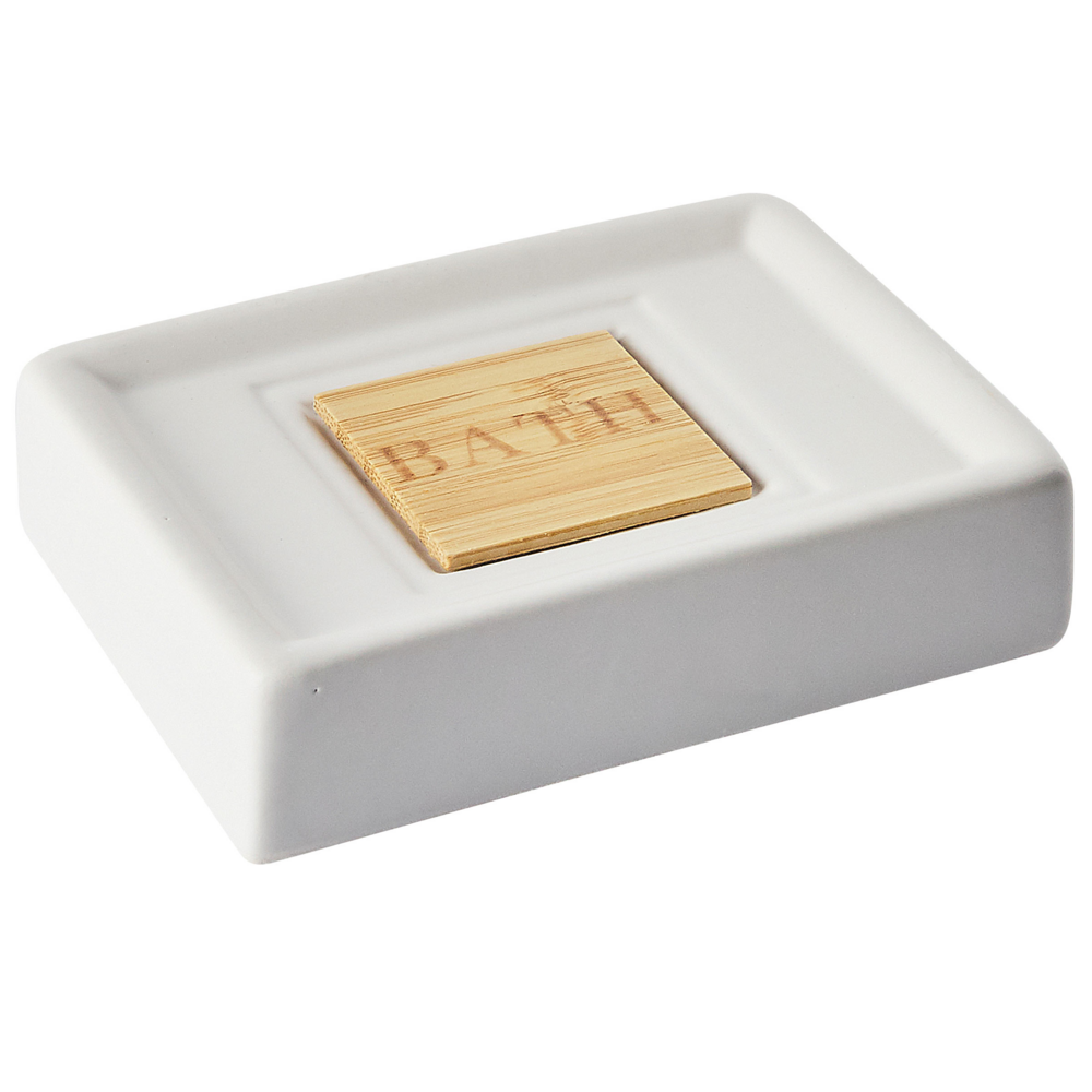 Set di 4 Accessori Bagno in Ceramica beige e legno chiaro dispenser sapone portasapone Bicchiere Portaspazzolino