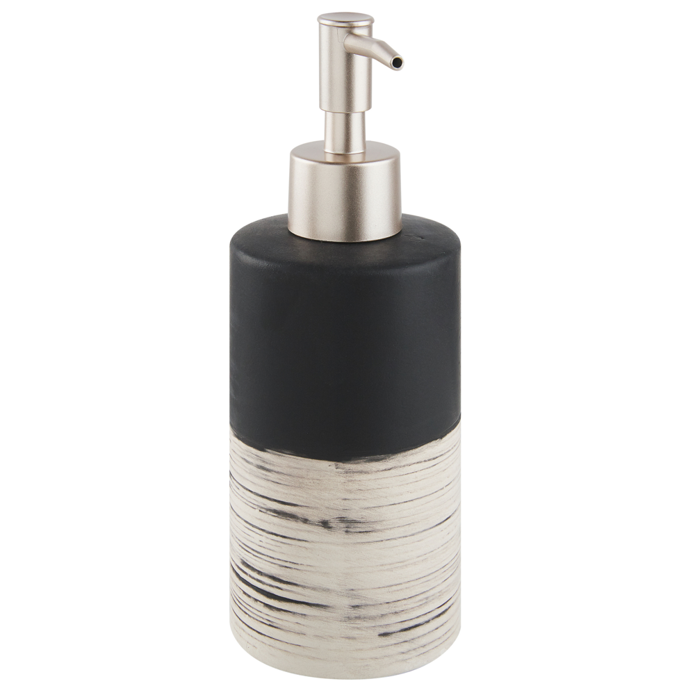 Set di 4 Accessori Bagno in Ceramica nera e beige dispenser sapone porta sapone portaspazzolini bicchiere