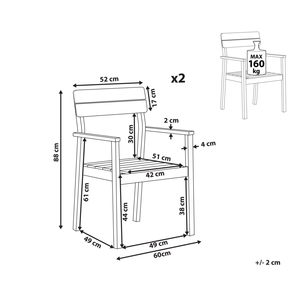 Set di 2 sedie da giardino in legno di acacia chiaro da esterno con braccioli in stile rustico