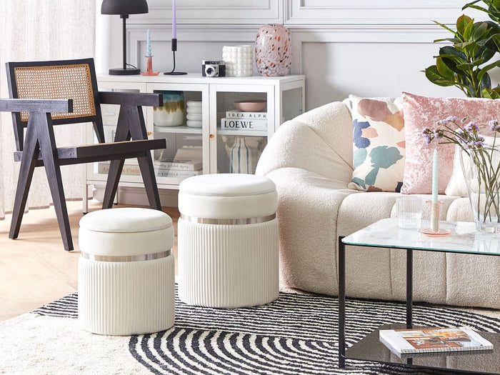 Set di 2 pouf Velluto bianco Fasce metalliche Glamour Contenitori interni Soggiorno Camera da letto