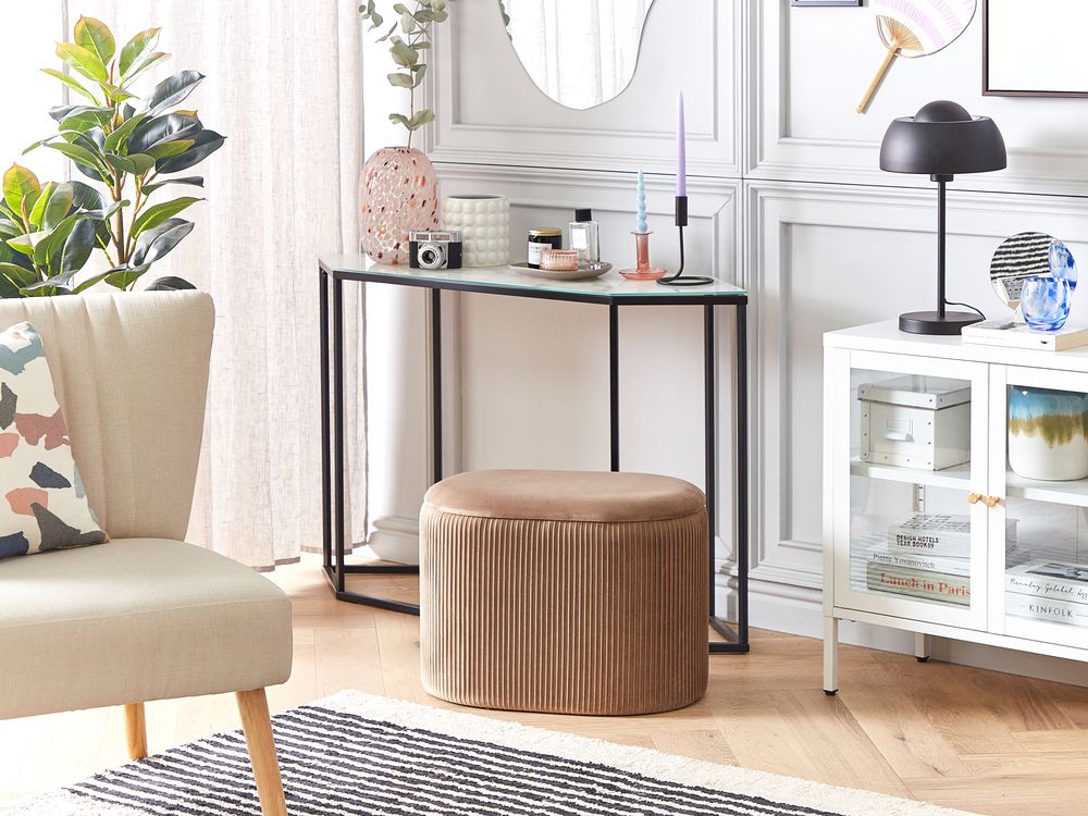 Pouf Beige Velluto Glamour Storage Poggiapiedi Soggiorno Camera da Letto