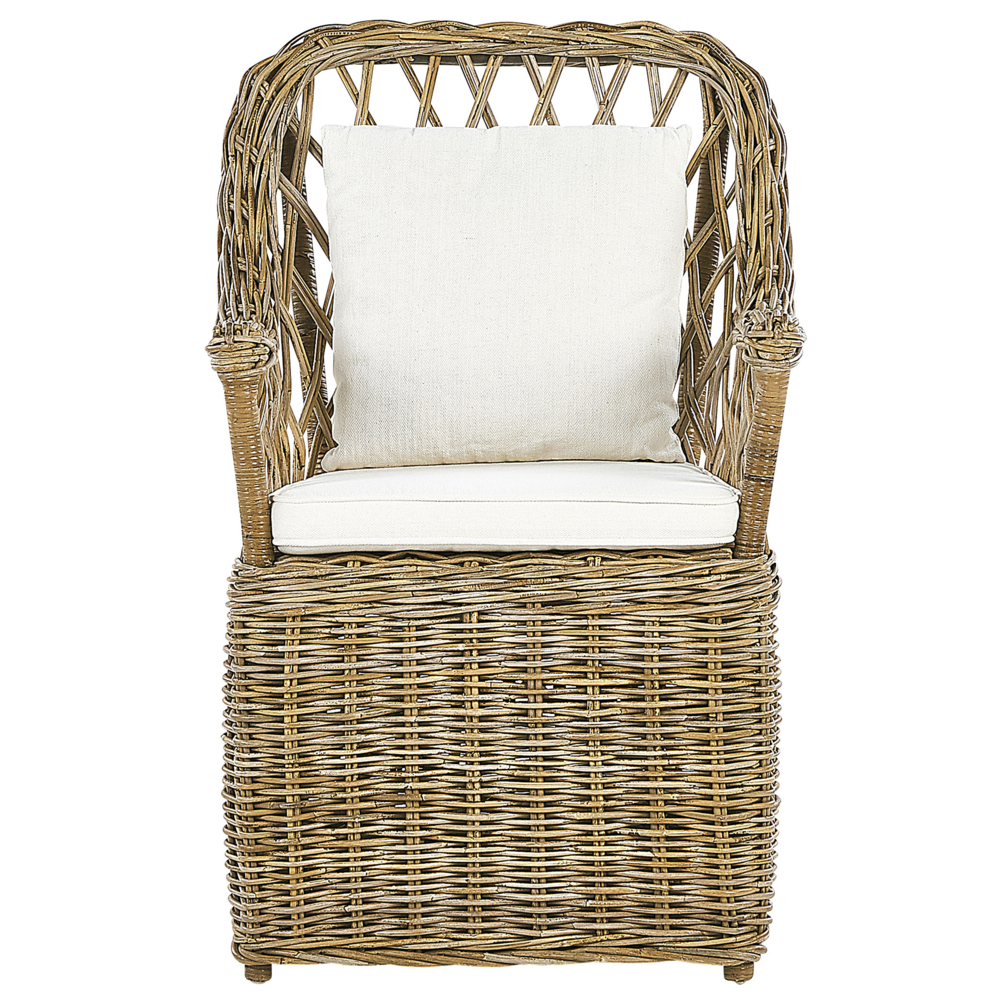 Poltrona da giardino in rattan naturale con cuscini dello schienale in cotone bianco sporco per interni ed esterni